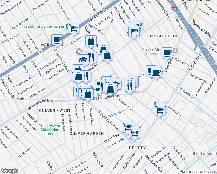 map of restaurants, bars, coffee shops, grocery stores, and more near 12060 Sylvester Street in Los Angeles