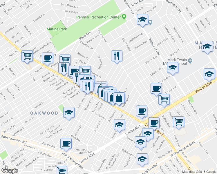map of restaurants, bars, coffee shops, grocery stores, and more near 1052 Palms Boulevard in Los Angeles