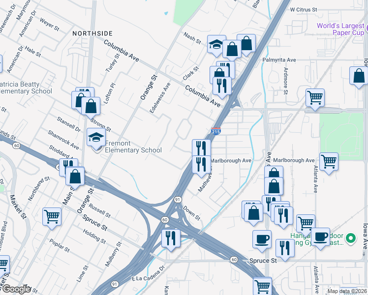 map of restaurants, bars, coffee shops, grocery stores, and more near 1516 Marsh Way in Riverside