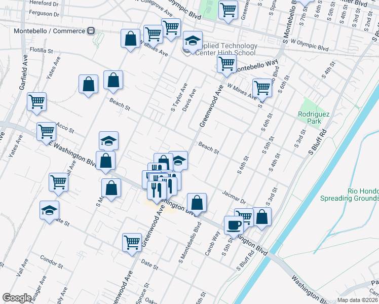 map of restaurants, bars, coffee shops, grocery stores, and more near 809 South Greenwood Avenue in Montebello
