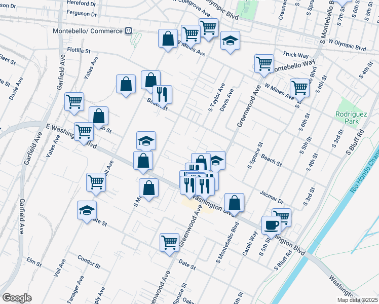 map of restaurants, bars, coffee shops, grocery stores, and more near 845 South Taylor Avenue in Montebello