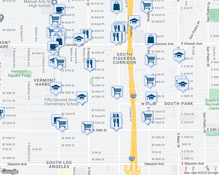 map of restaurants, bars, coffee shops, grocery stores, and more near 535 West 49th Street in Los Angeles