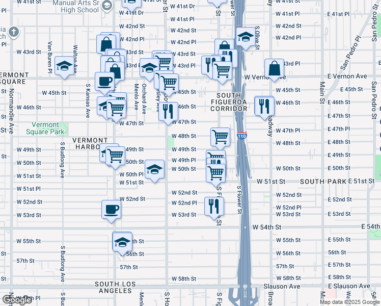 map of restaurants, bars, coffee shops, grocery stores, and more near 633 West 49th Street in Los Angeles