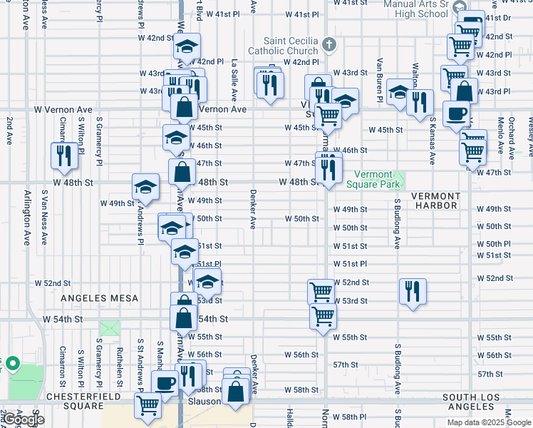 map of restaurants, bars, coffee shops, grocery stores, and more near 1494 West 49th Street in Los Angeles