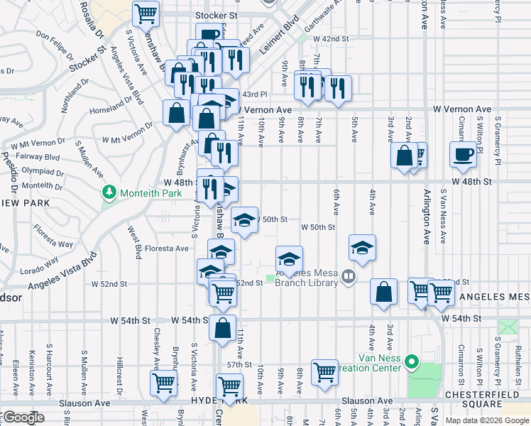 map of restaurants, bars, coffee shops, grocery stores, and more near 4831 9th Avenue in Los Angeles