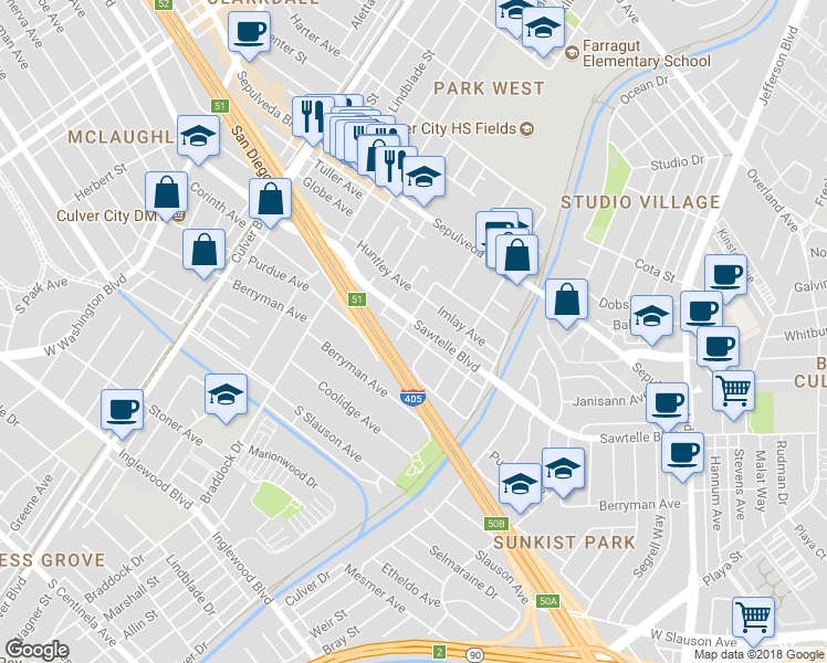 map of restaurants, bars, coffee shops, grocery stores, and more near 4820 Sawtelle Boulevard in Culver City