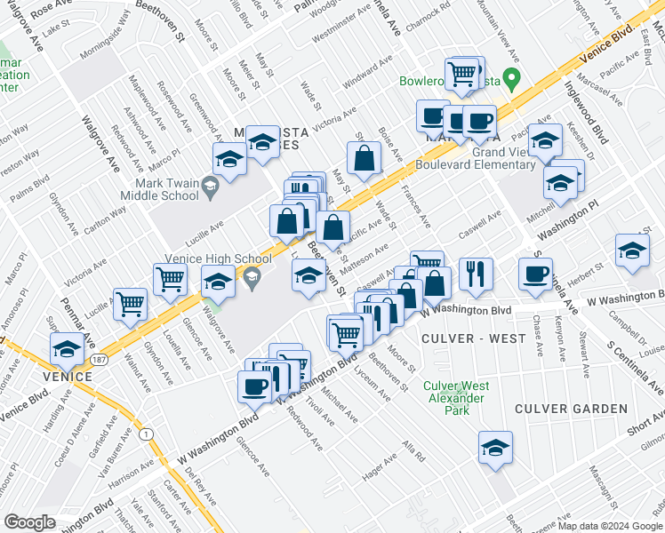 map of restaurants, bars, coffee shops, grocery stores, and more near 12814 Pacific Avenue in Los Angeles