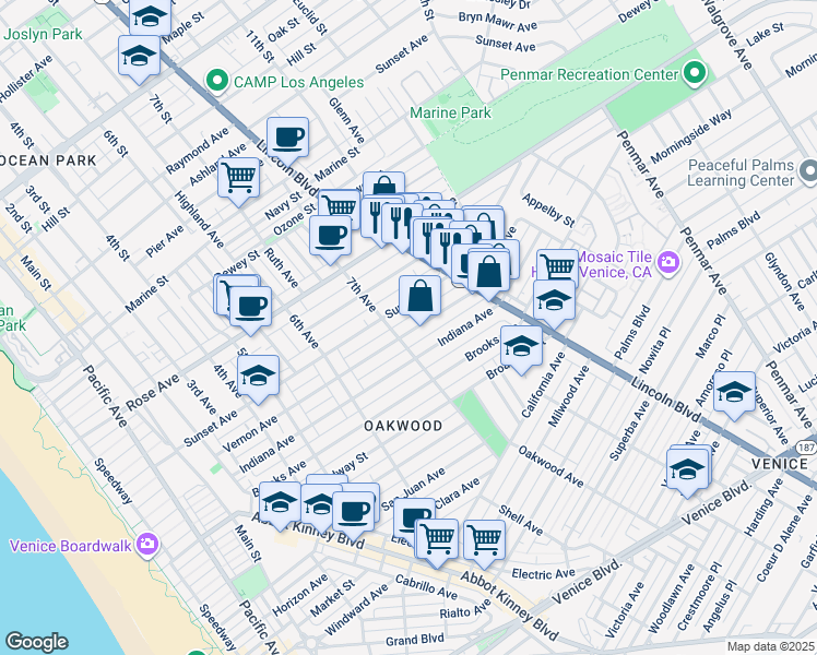 map of restaurants, bars, coffee shops, grocery stores, and more near 736 Sunset Avenue in Los Angeles