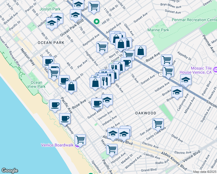map of restaurants, bars, coffee shops, grocery stores, and more near 535 Rose Avenue in Los Angeles