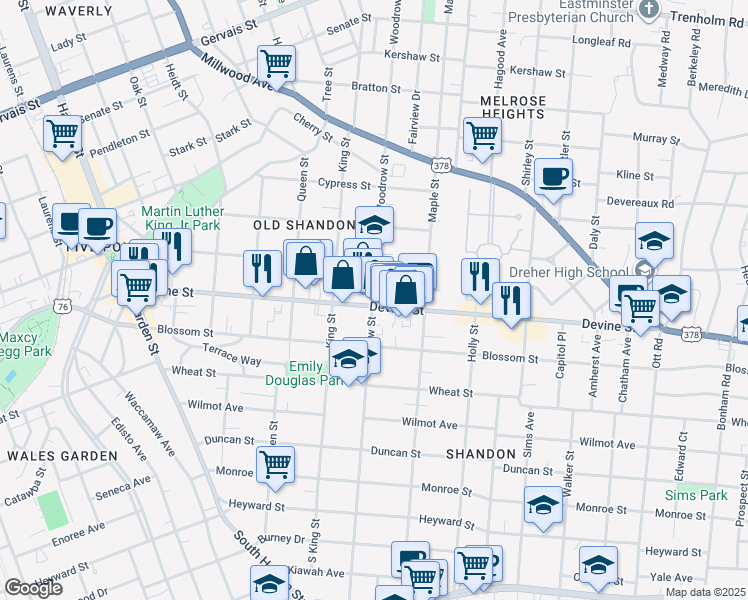 map of restaurants, bars, coffee shops, grocery stores, and more near 715 Woodrow Street in Columbia