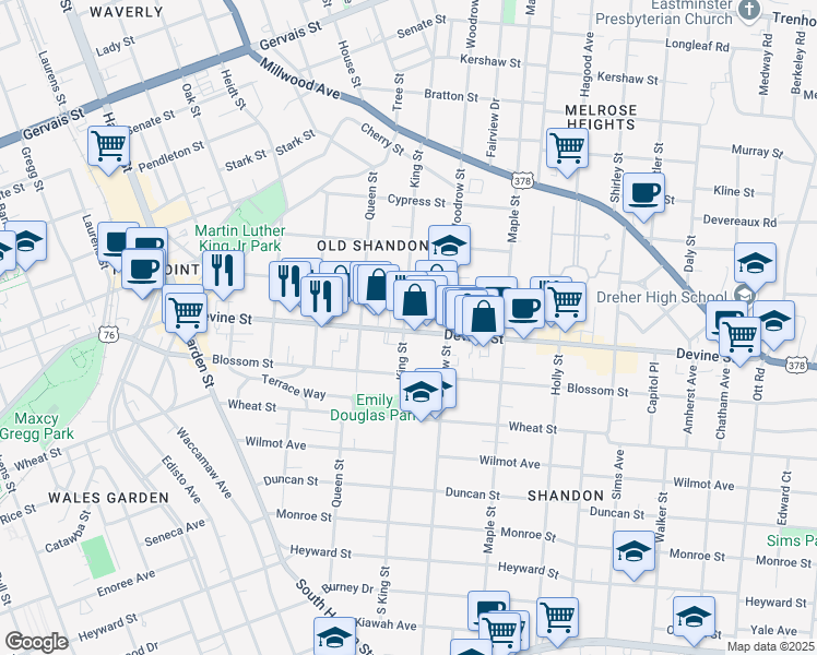 map of restaurants, bars, coffee shops, grocery stores, and more near 719 King Street in Columbia