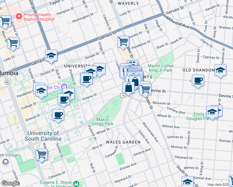 map of restaurants, bars, coffee shops, grocery stores, and more near 1900 Greene Street in Columbia