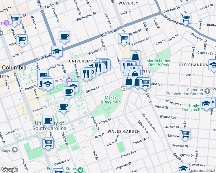 map of restaurants, bars, coffee shops, grocery stores, and more near 1829 Greene Street in Columbia