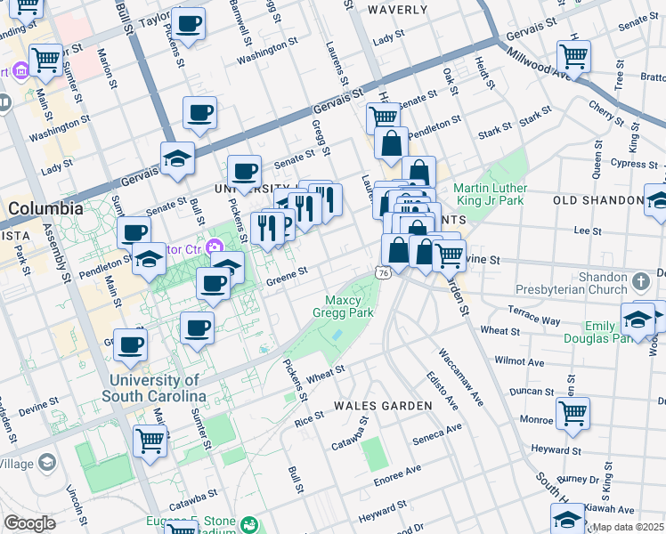 map of restaurants, bars, coffee shops, grocery stores, and more near 1829 Greene Street in Columbia