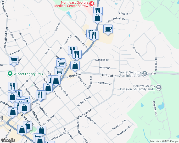 map of restaurants, bars, coffee shops, grocery stores, and more near 261 Nancy Street in Winder