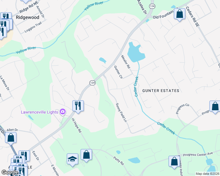 map of restaurants, bars, coffee shops, grocery stores, and more near 1159 Sunny Field Lane in Lawrenceville