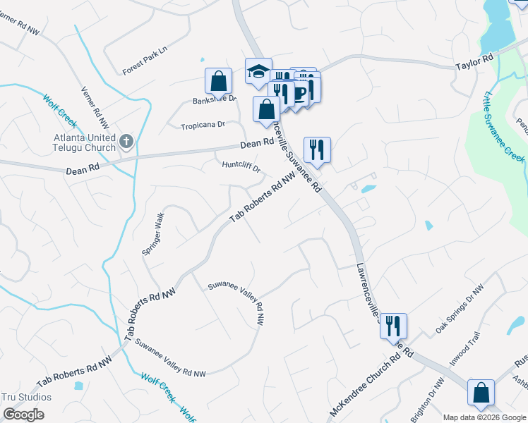 map of restaurants, bars, coffee shops, grocery stores, and more near 1924 Hunt Crossing Court in Lawrenceville