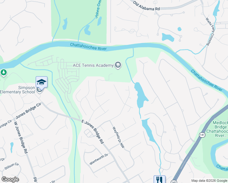 map of restaurants, bars, coffee shops, grocery stores, and more near 0000 Whitecap Lane in Peachtree Corners