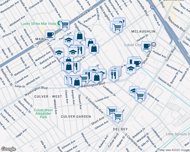 map of restaurants, bars, coffee shops, grocery stores, and more near 4136 Grand View Boulevard in Los Angeles