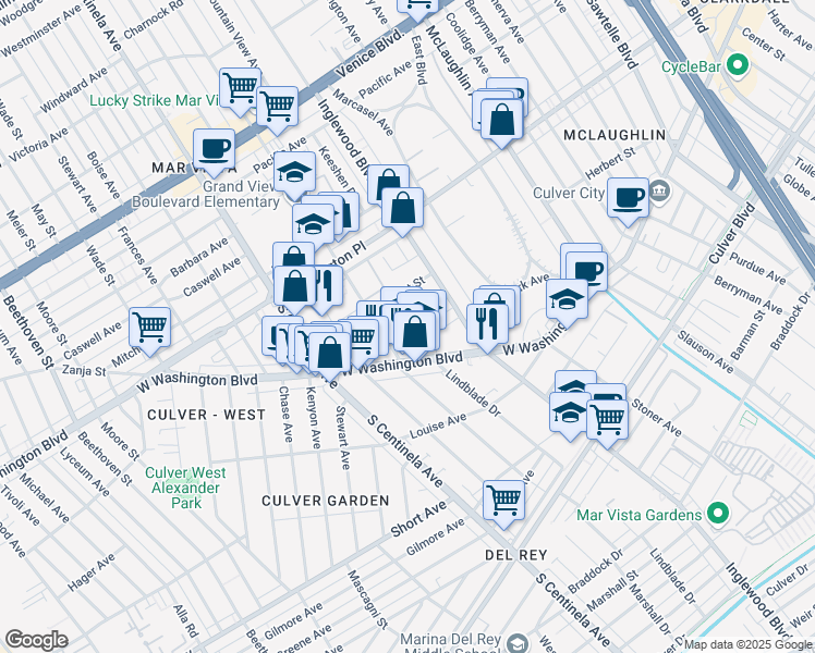 map of restaurants, bars, coffee shops, grocery stores, and more near 4136 Grand View Boulevard in Los Angeles