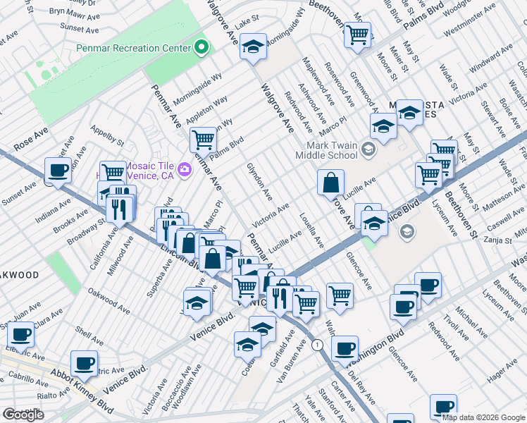 map of restaurants, bars, coffee shops, grocery stores, and more near 2132 Walnut Avenue in Los Angeles