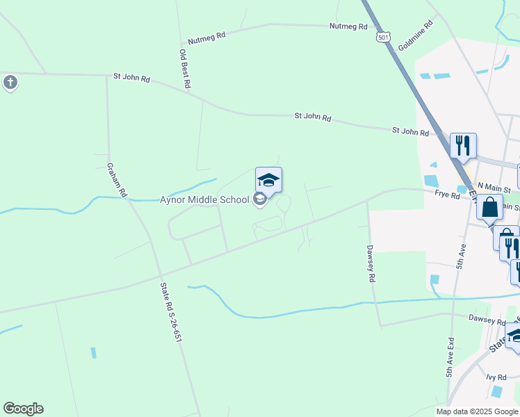 map of restaurants, bars, coffee shops, grocery stores, and more near 400 Frye Road in Galivants Ferry