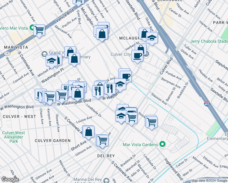 map of restaurants, bars, coffee shops, grocery stores, and more near 4358 Berryman Avenue in Los Angeles