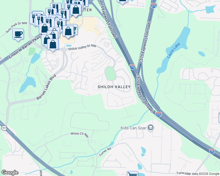 map of restaurants, bars, coffee shops, grocery stores, and more near 1905 Shiloh Valley Trail Northwest in Kennesaw