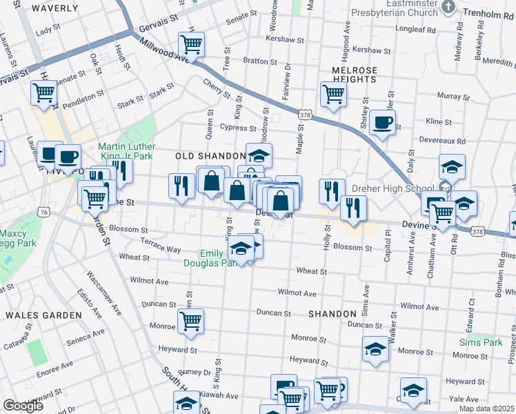 map of restaurants, bars, coffee shops, grocery stores, and more near 715 Woodrow Street in Columbia