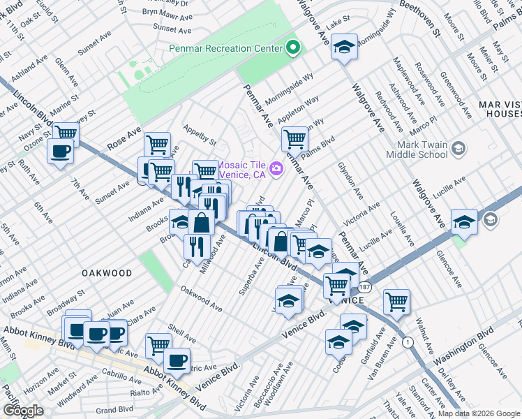 map of restaurants, bars, coffee shops, grocery stores, and more near 1052 Palms Boulevard in Los Angeles
