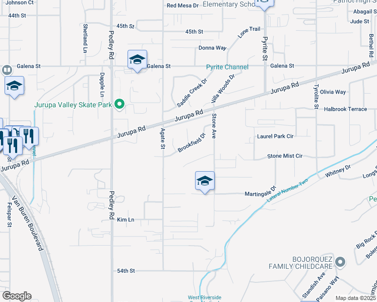 map of restaurants, bars, coffee shops, grocery stores, and more near 8512 Brookfield Drive in Riverside