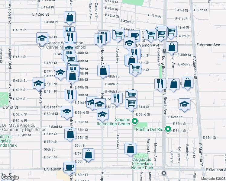 map of restaurants, bars, coffee shops, grocery stores, and more near 1363 East 49th Street in Los Angeles