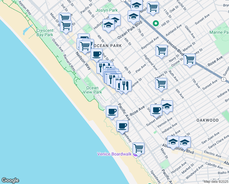 map of restaurants, bars, coffee shops, grocery stores, and more near in Santa Monica