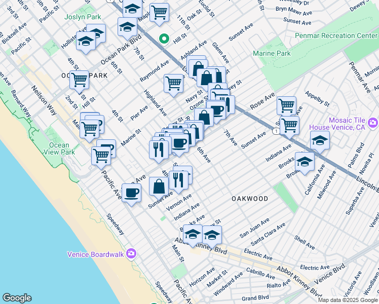 map of restaurants, bars, coffee shops, grocery stores, and more near 535 Rose Avenue in Los Angeles