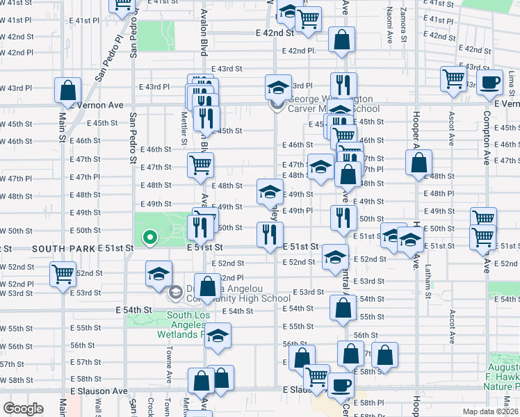 map of restaurants, bars, coffee shops, grocery stores, and more near 750 East 49th Street in Los Angeles