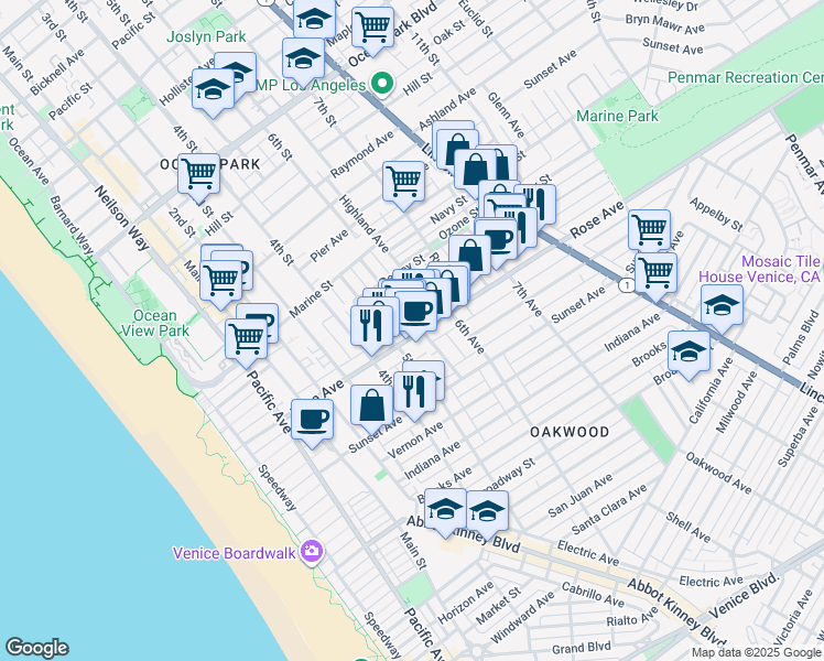map of restaurants, bars, coffee shops, grocery stores, and more near Rose Avenue in Los Angeles