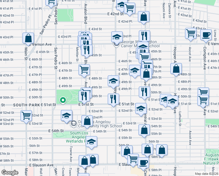 map of restaurants, bars, coffee shops, grocery stores, and more near 750 East 49th Street in Los Angeles