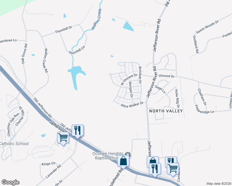 map of restaurants, bars, coffee shops, grocery stores, and more near 461 O'Conner Boulevard in Athens