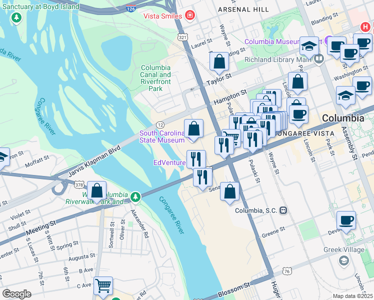 map of restaurants, bars, coffee shops, grocery stores, and more near in Columbia