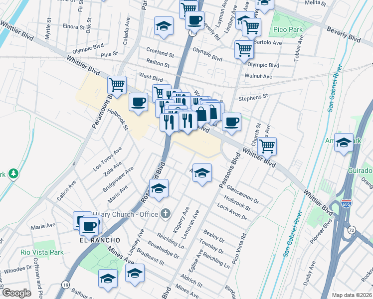map of restaurants, bars, coffee shops, grocery stores, and more near 9148 Verner Street in Pico Rivera
