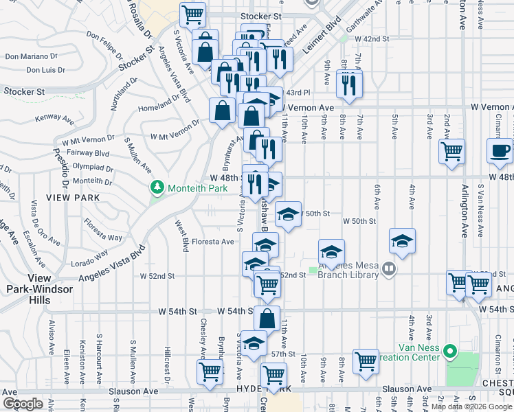 map of restaurants, bars, coffee shops, grocery stores, and more near 4900 Crenshaw Boulevard in Los Angeles