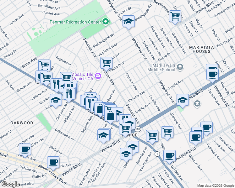 map of restaurants, bars, coffee shops, grocery stores, and more near 1121 Marco Place in Los Angeles