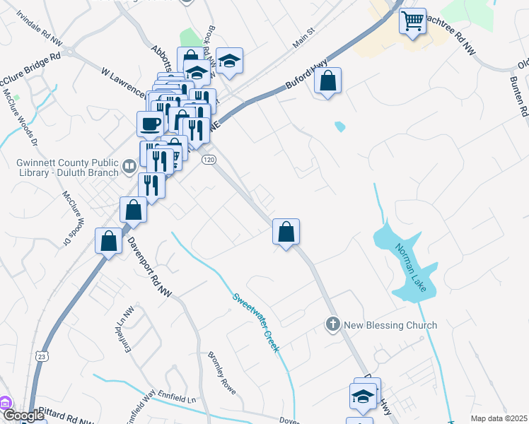 map of restaurants, bars, coffee shops, grocery stores, and more near 3348 Georgia 120 in Duluth