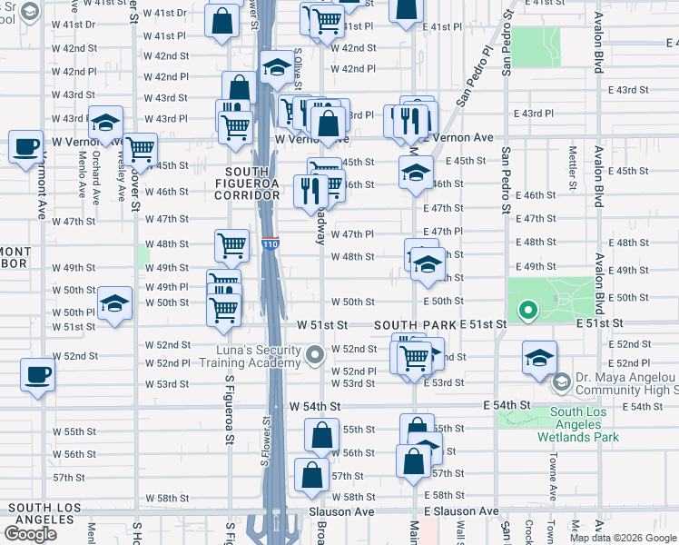 map of restaurants, bars, coffee shops, grocery stores, and more near 4800 South Broadway in Los Angeles