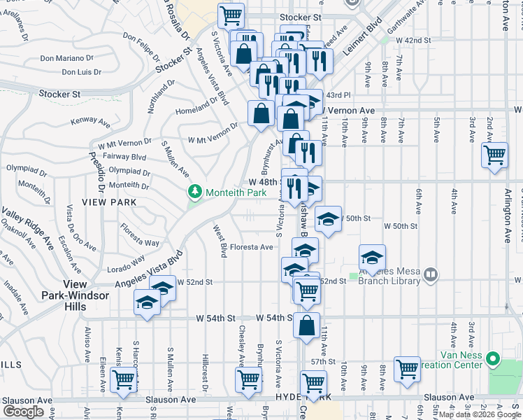 map of restaurants, bars, coffee shops, grocery stores, and more near 3479 Westmount Avenue in View Park-Windsor Hills