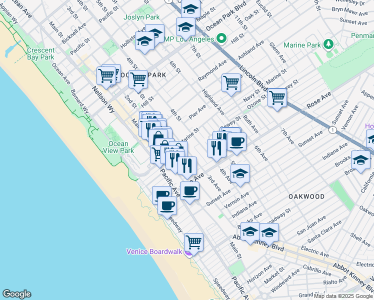 map of restaurants, bars, coffee shops, grocery stores, and more near 4174 3rd Street in Santa Monica