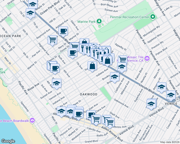 map of restaurants, bars, coffee shops, grocery stores, and more near 713 Vernon Avenue in Los Angeles