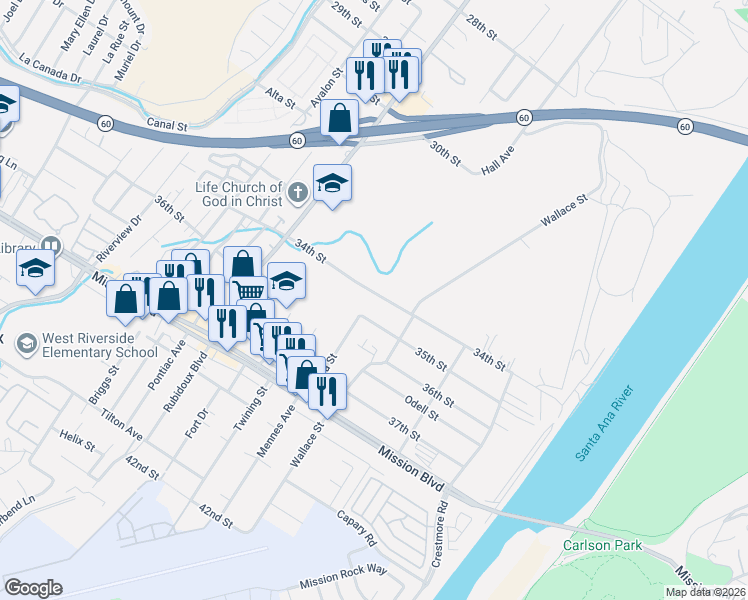 map of restaurants, bars, coffee shops, grocery stores, and more near 5476 34th Street in Riverside