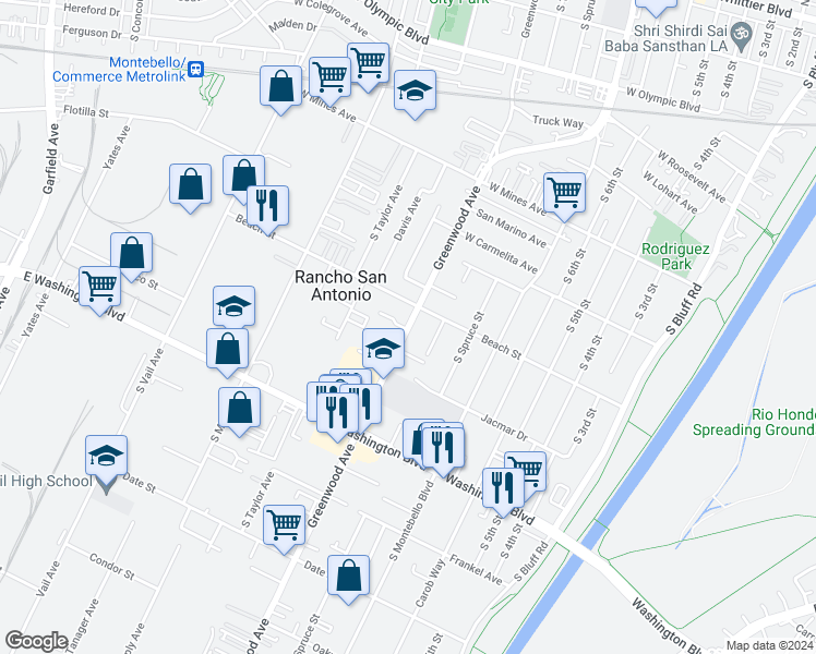 map of restaurants, bars, coffee shops, grocery stores, and more near 809 South Greenwood Avenue in Montebello