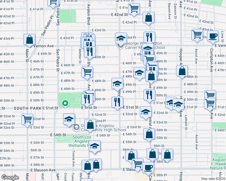 map of restaurants, bars, coffee shops, grocery stores, and more near 763 East 49th Street in Los Angeles
